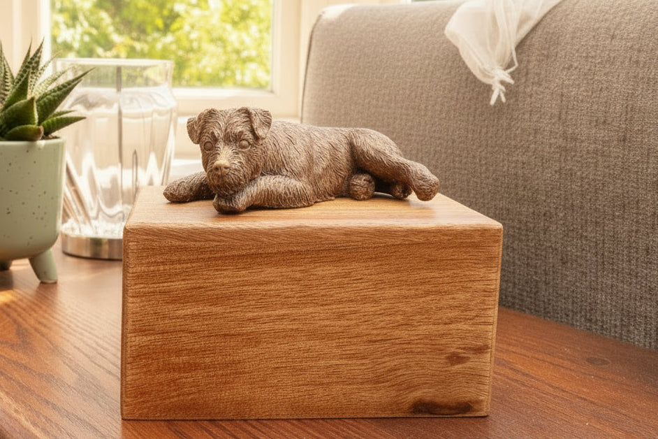 Dog figurine on a wooden box in a living room with a plant and sofa in the background