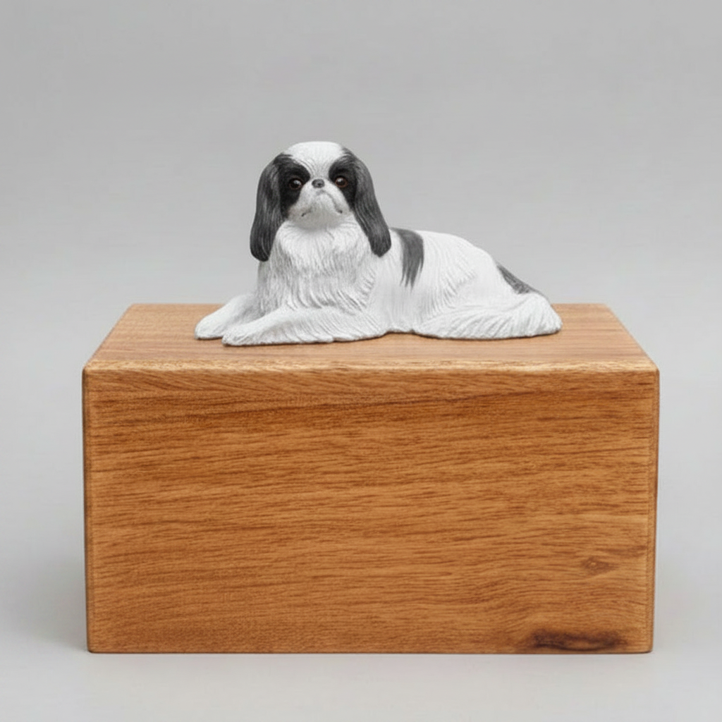Wooden pet urn with a ceramic japanese chin dog figurine on top against a gray background