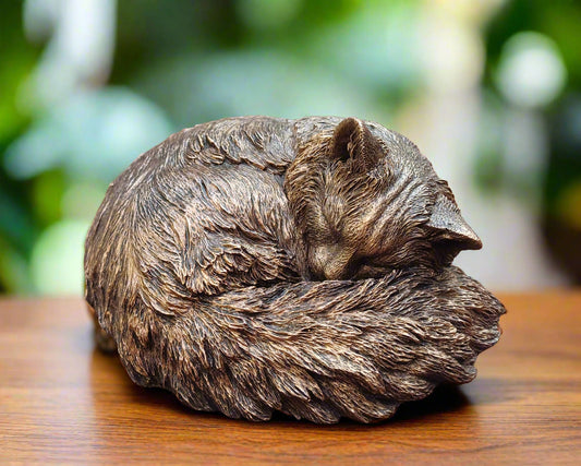 Bronze Cat sculpture curled up sleeping on a wooden surface next to a window