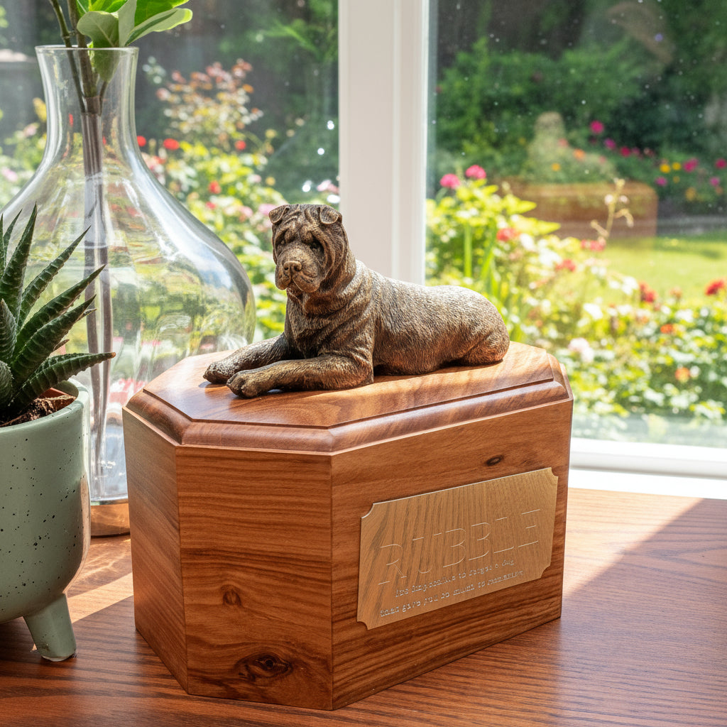 Wooden urn with a dog figurine on top, placed on a wooden surface.