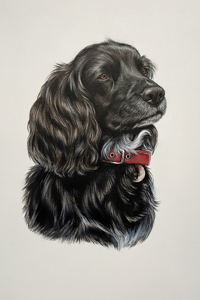 Detailed illustration of a black cocker spaniel dog with a red collar on a light beige background