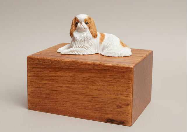 Wooden pet urn with a dog figurine on a beige background