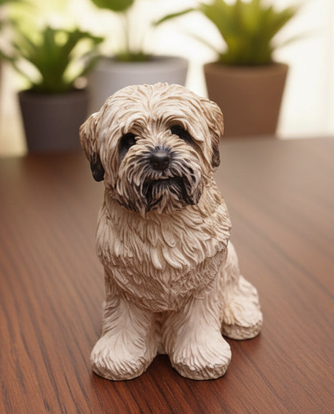 Wooden urn with a lhasa apso dog figurine on top, placed on a wooden surface with a plant and framed picture in the background.
