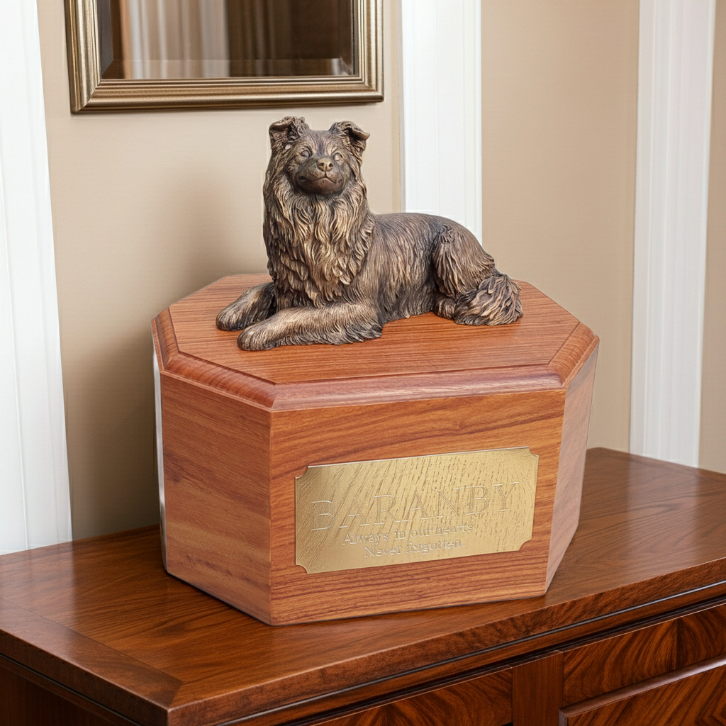 Border Collie Dog Wooden Cremation Urn For Pet Ashes In Bronze Effect