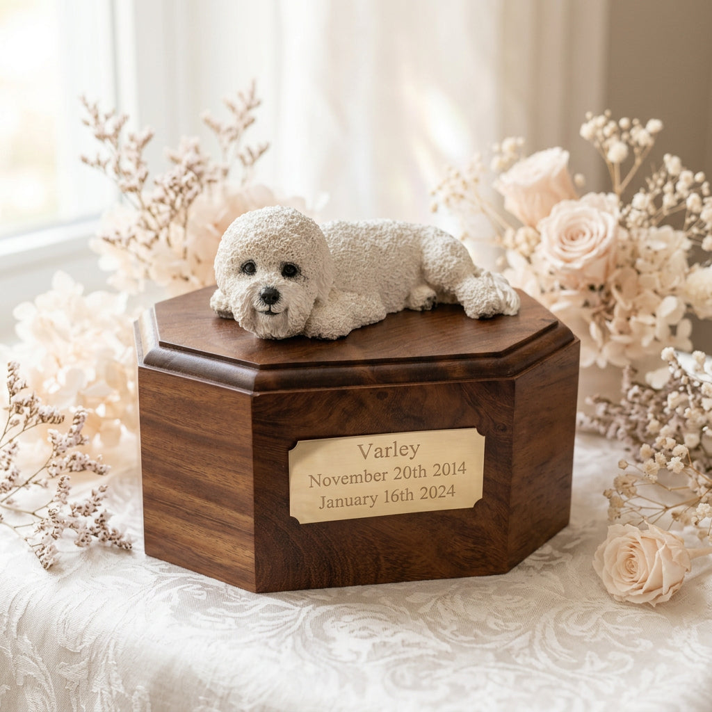 A wooden memorial urn with a white bichon dog figurine resting on top, placed on a patterned tablecloth. The wooden box has a gold-colored engraved plaque on the front.