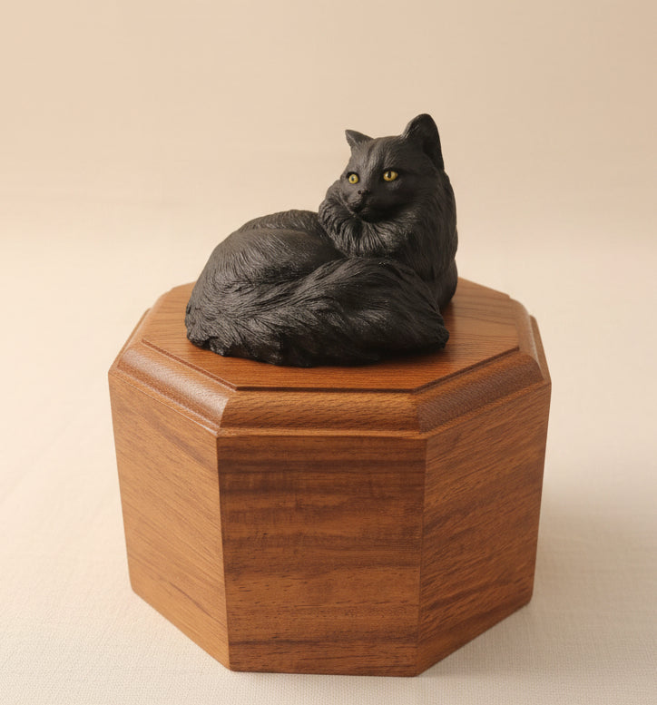 Wooden wall-mounted cat sculpture with a black cat figure on a white textured surface.