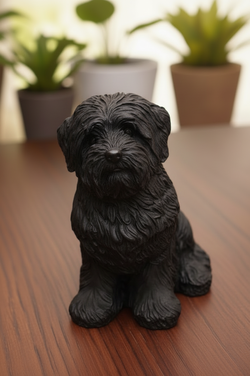Black lhasa dog figurine on a wooden surface with blurred plants in the background