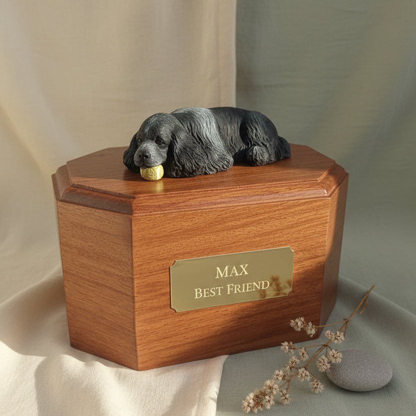 Wooden pet urn with a small cocker dog figurine on top, placed on a table.