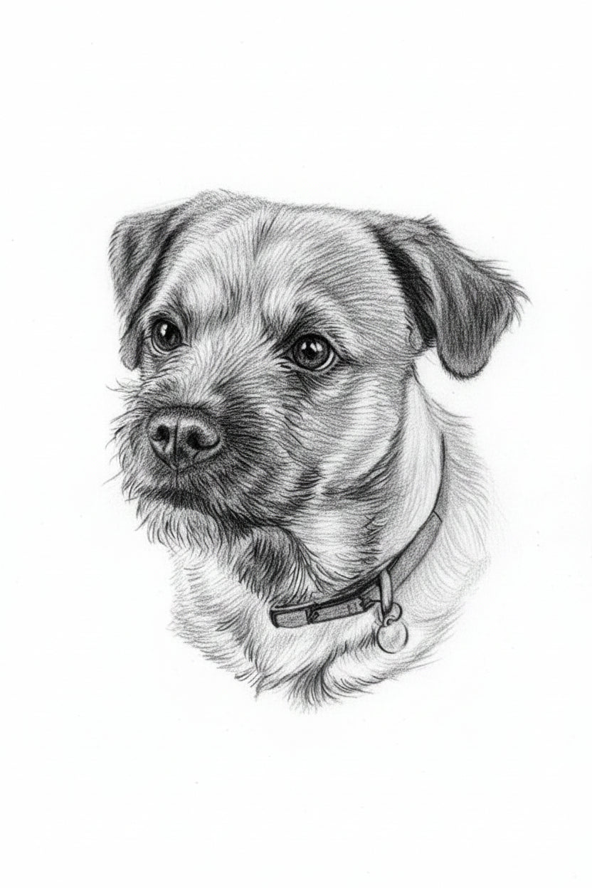 Detailed pencil drawing of a border terrier  dog's head on a plain background