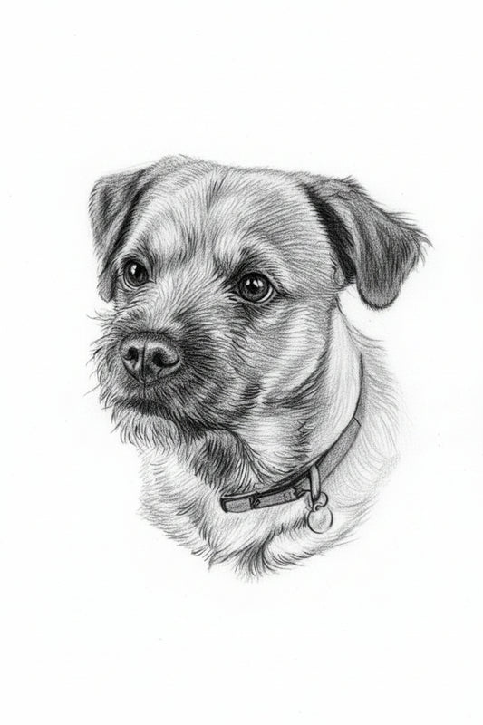 Detailed pencil drawing of a border terrier  dog's head on a plain background