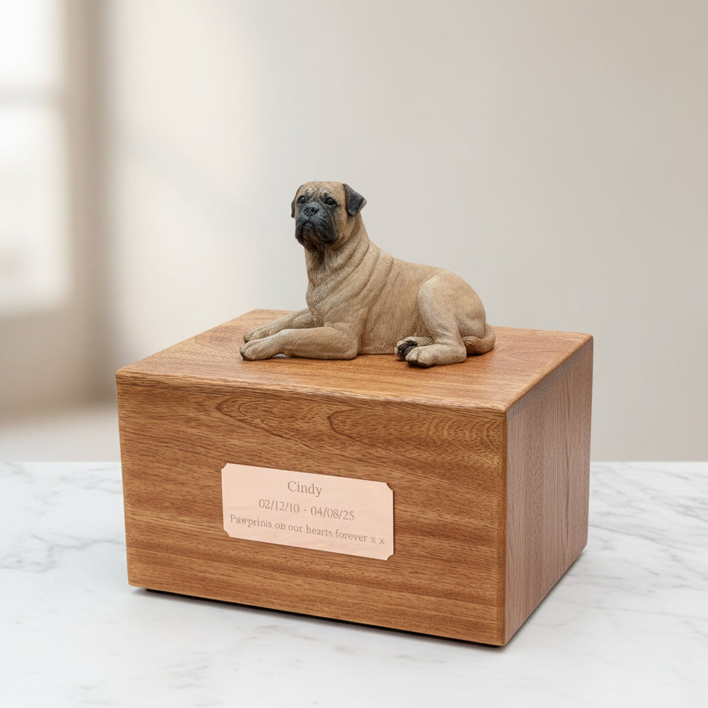Wooden urn with a dog figurine on top, placed on a wooden surface.