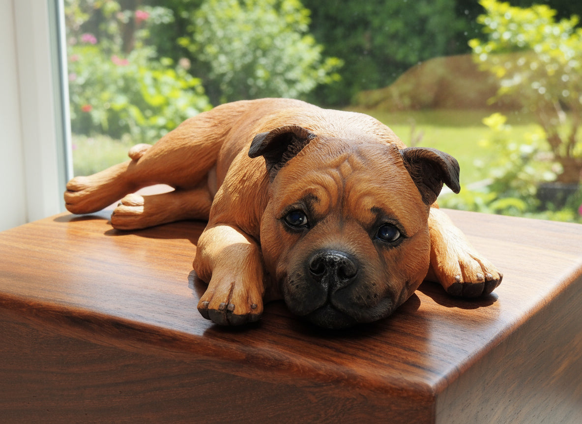 Sculpture of a red staffordshire bull terrier
