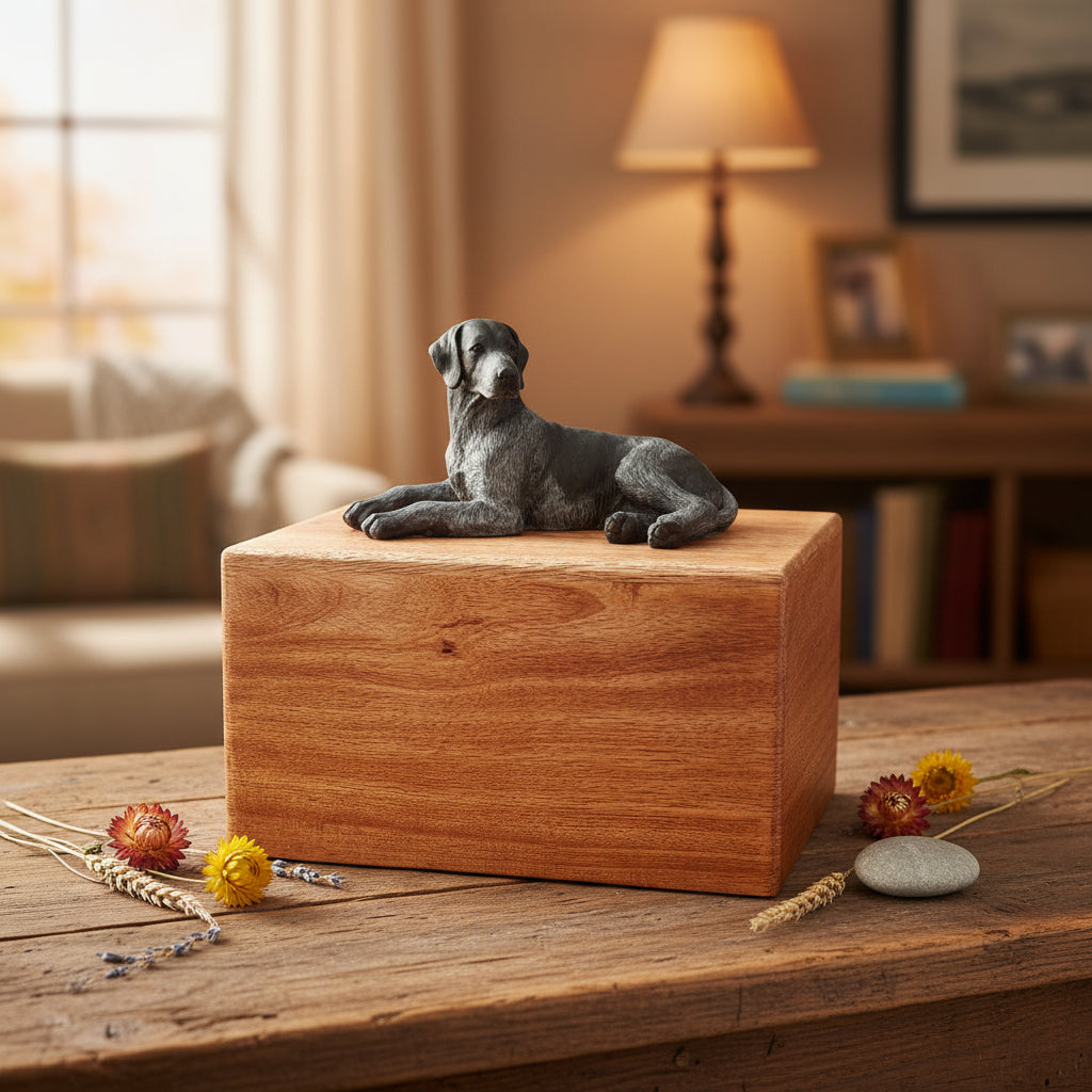 Wooden urn box with a Black ticked GSP dog figurine on top, placed on a wooden surface.