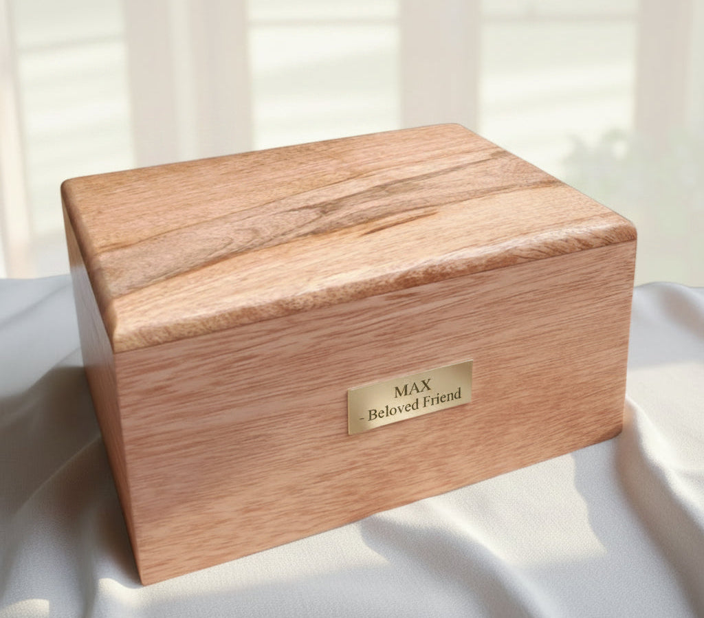 A large wooden pet cremation urn with a light finish, featuring a secure compartment in the base and an engraved name plate on the front.