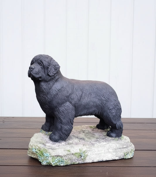 Statue of a black dog on a stone base against a white paneled wall.