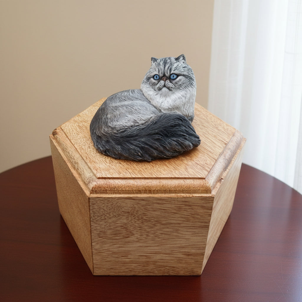 A wooden cremation urn designed in the shape of a Persian cat, sitting atop the urn.