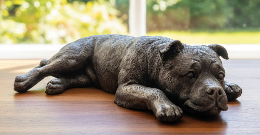 Statue of a lying dog Staffordshire Bull Terrier on a wooden surface with a blurred outdoor background