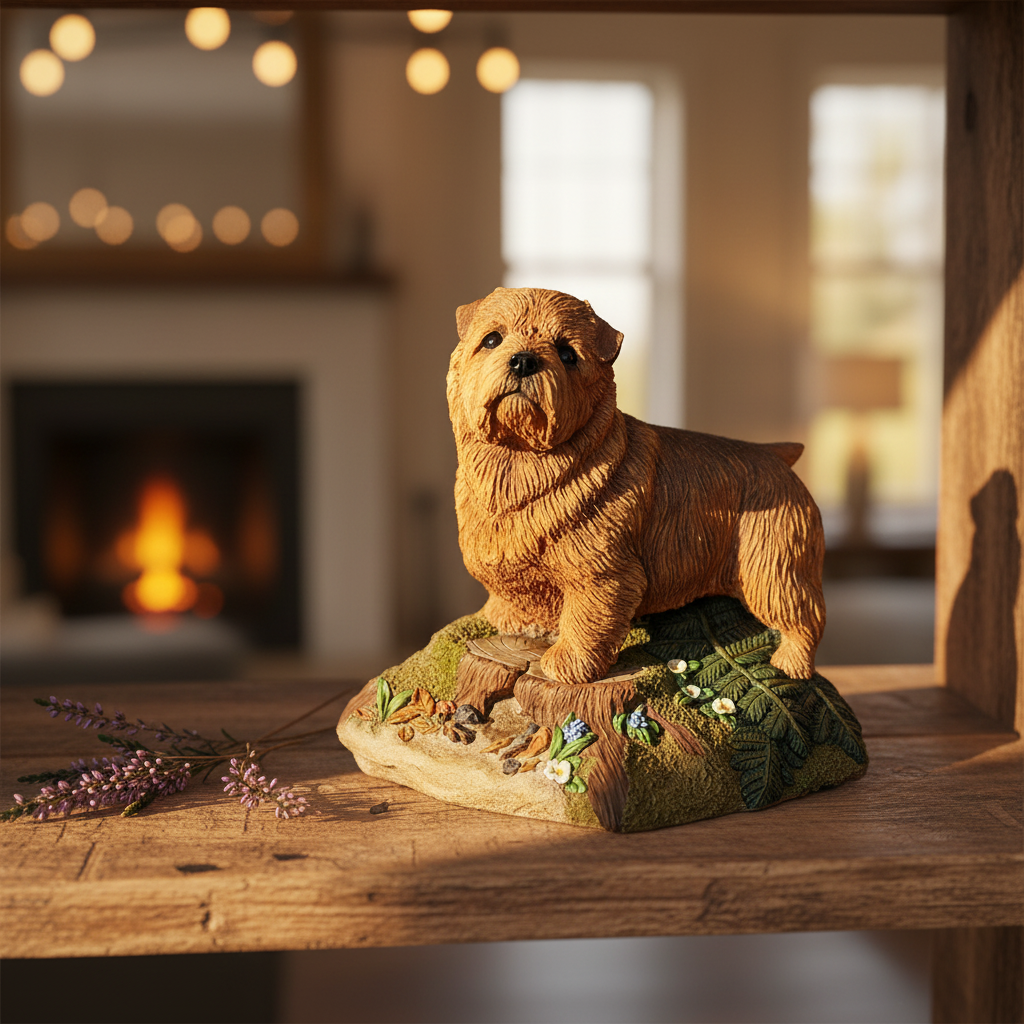 Dog figurine on a wooden surface with a warm, blurred background