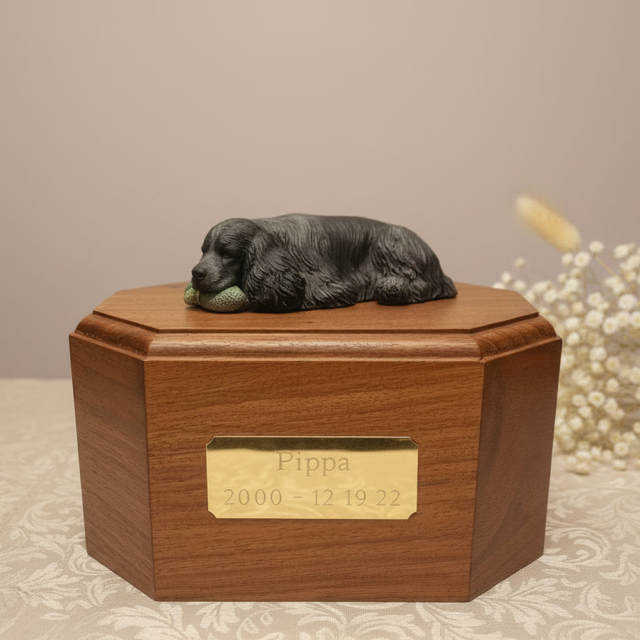 Wooden urn with a small dog figurine on top, placed on a bed.