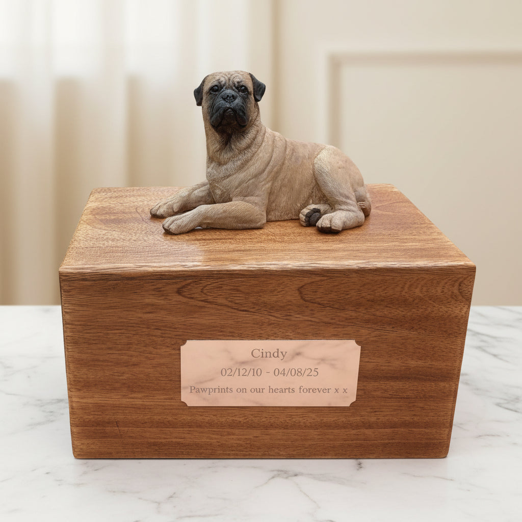 Wooden pet urn with a bullmastiff figurine on top, placed indoors.