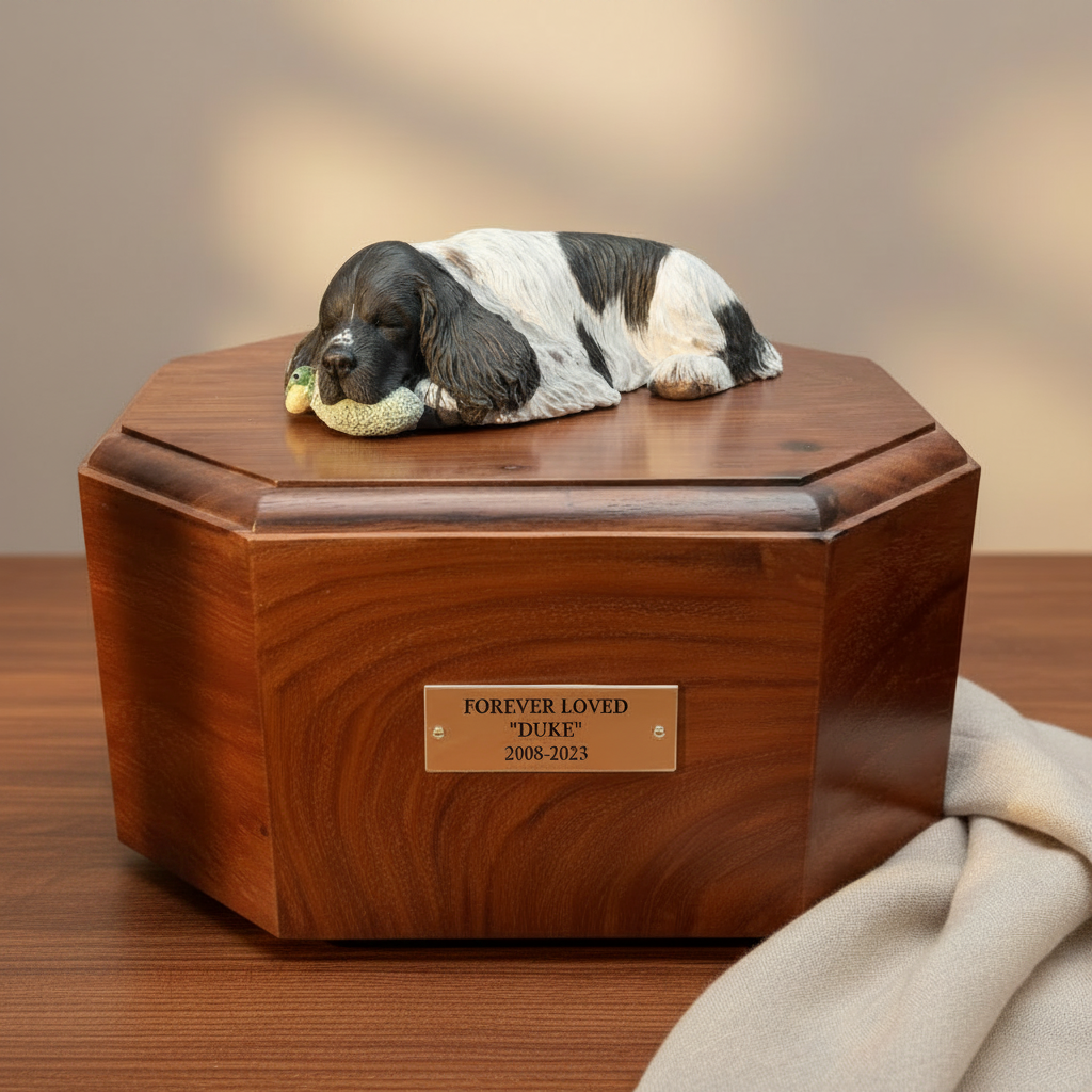 Wooden pet urn with a Springer Spaniel dog figurine on top against a blurred green background