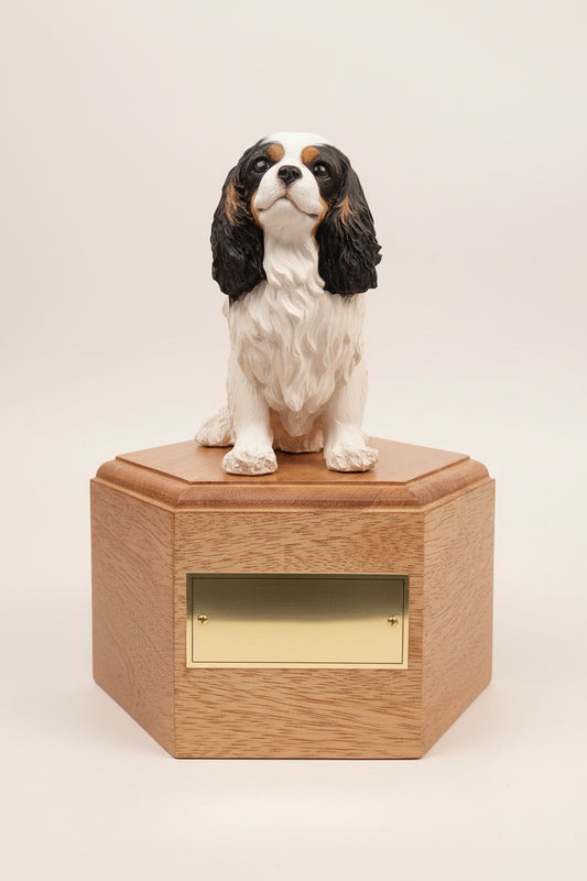 Wooden urn with a cavalier king charles dog figurine on top against a wooden background