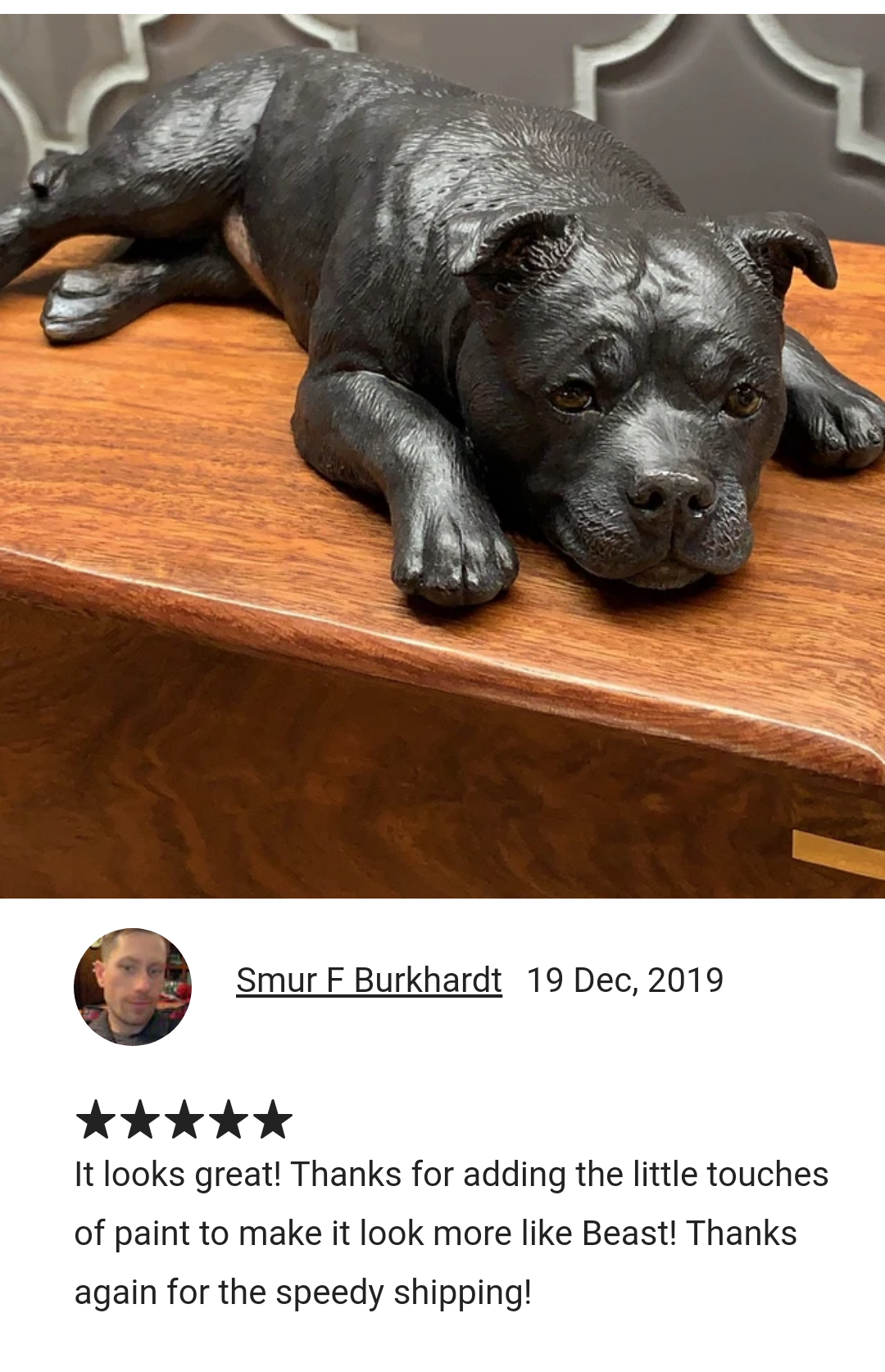 Staffordshire Bull Terrier With RoseWood Cremation Urn For Ashes