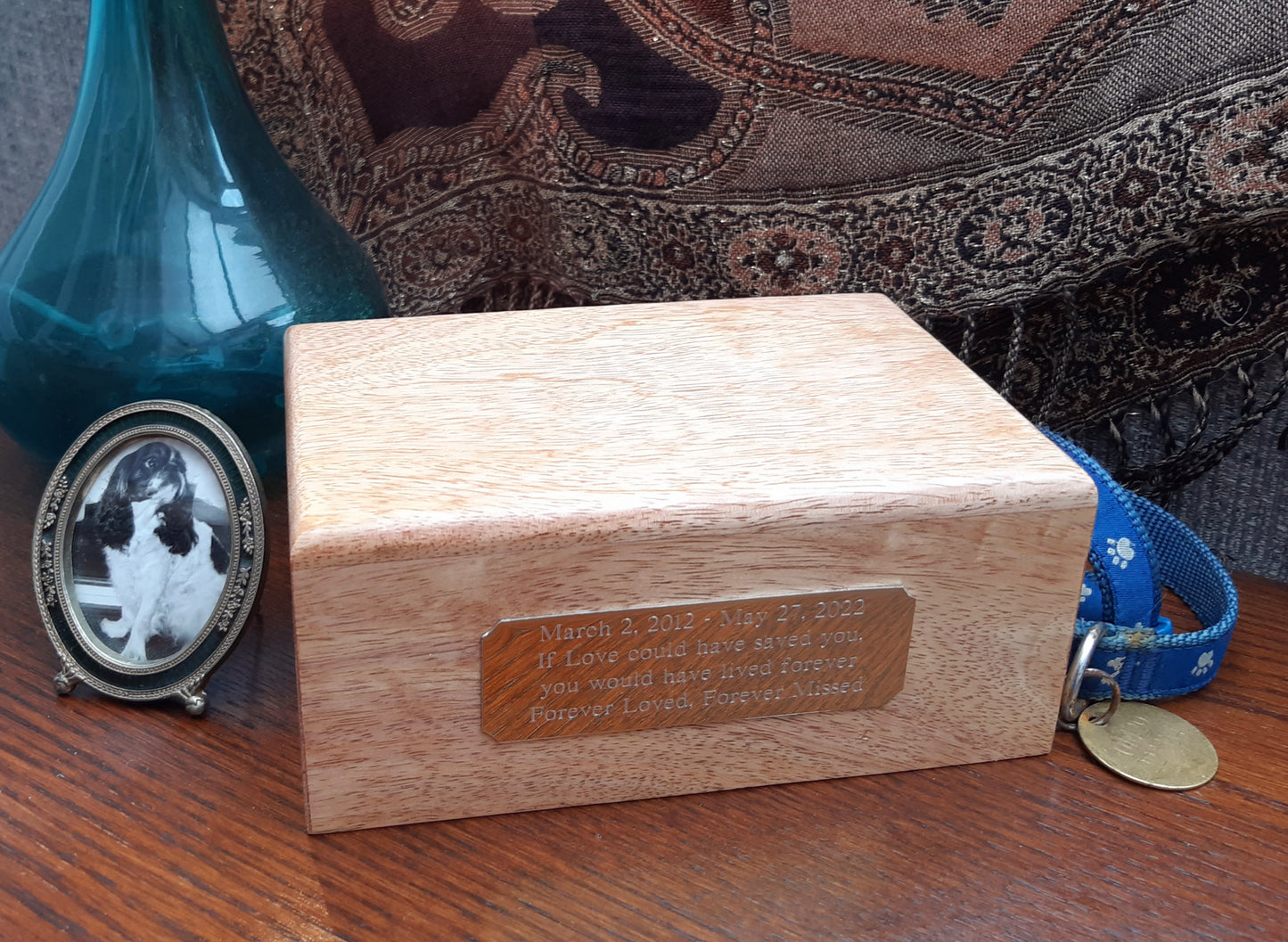 Staffordshire Bull Terrier Wooden Cremation Urn For Ashes In Bronze or Pewter effect