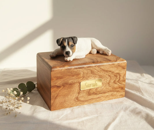 Jack russel terrier sculpture on wood urn