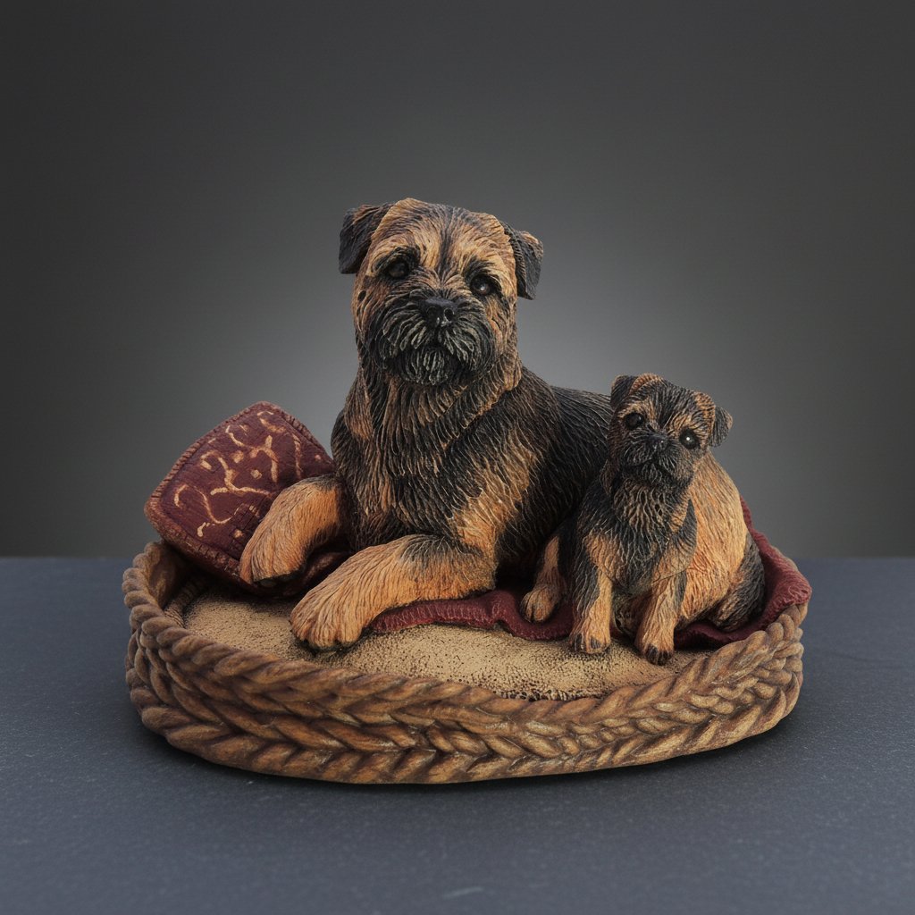 Sculpture of a red border terrier and puppy in a basket