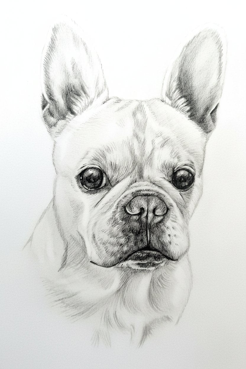 Detailed pencil drawing of a french bulldog's face on a light gray background