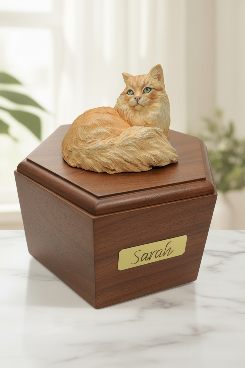 Wooden cat urn with sculpture