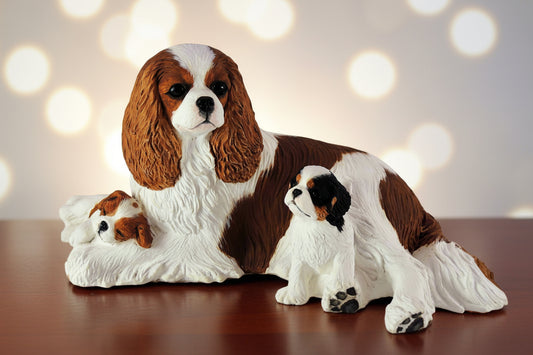 cavalier king charles spaniel and puppies sculpture