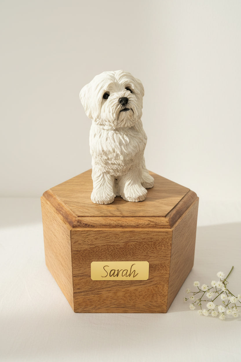 Wooden pet urn with a white dog figurine on top, labeled 'Sarah', against a plain background.