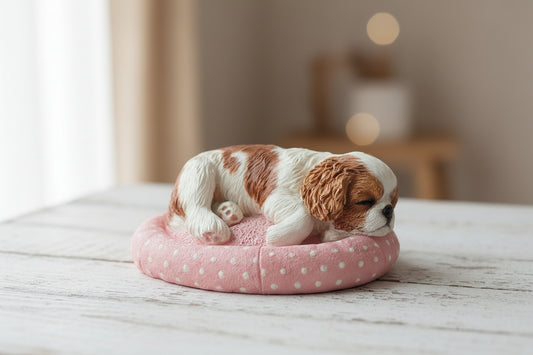 cute sculpture of a sleeping cavalier king charles spaniel puppy