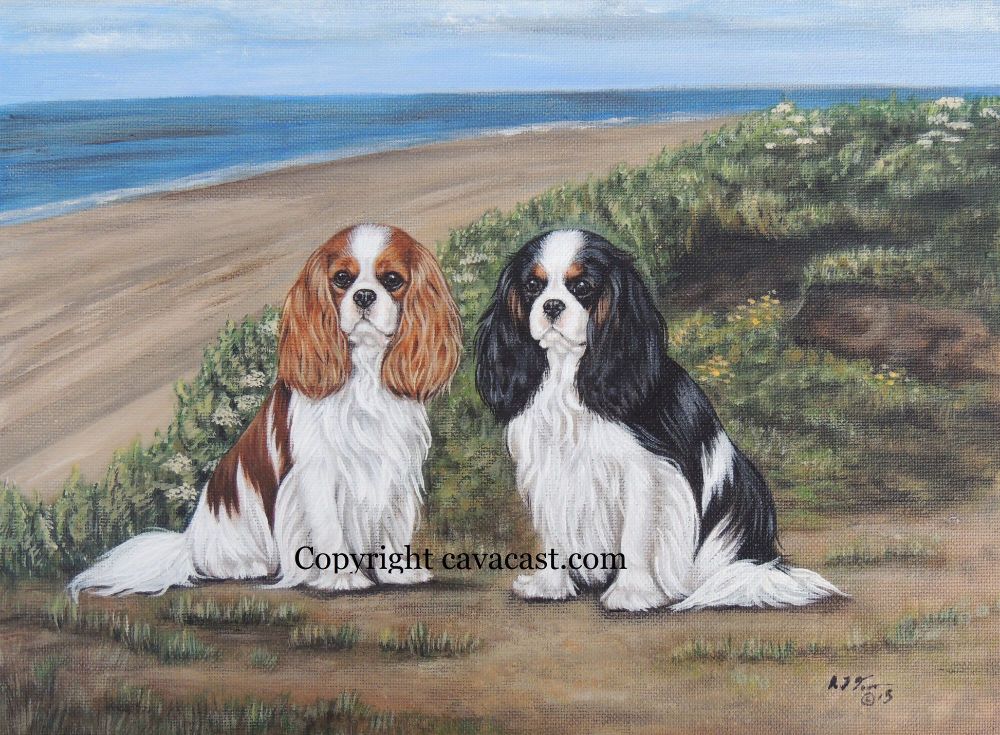 painting of cavalier king charles spaniel dogs on the beach by aj turner